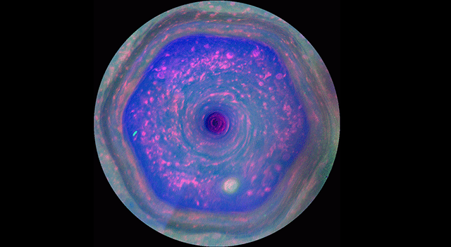 This colorful view from NASA's Cassini mission is the highest-resolution view of the unique six-sided jet stream at Saturn's north pole known as "the hexagon." This movie, made from images obtained by Cassini's imaging cameras, is the first to show the hexagon in color filters, and the first movie to show a complete view from the north pole down to about 70 degrees north latitude. Image credit: NASA/JPL-Caltech/SSI/Hampton