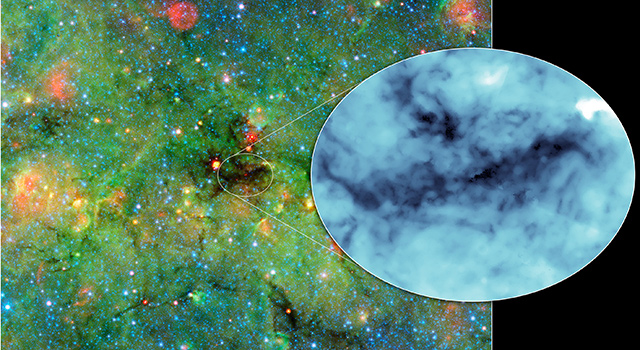Astronomers have found cosmic clumps so dark, dense and dusty that they throw the deepest shadows ever recorded. Image credit: NASA/JPL-Caltech/University of Zurich